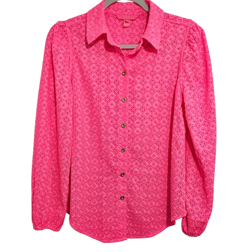 Lilly Pulitzer Seabreeze Eyelet Button Down Top Long Sleeve Gold Buttons Pink S